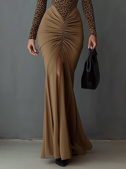 Brown Leopard Print Pleated Deep V-Neck Maxi Dress