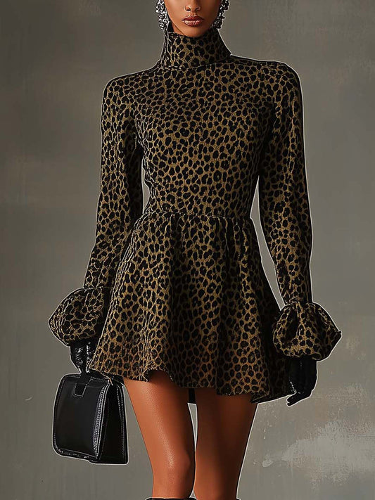 Army Green Mini Sweatshirt Dress With Ruffled Sleeves And Black Leopard Print