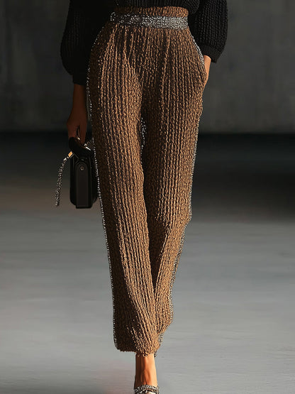 Black Knit High-Collar Top With Knit Bronze Pants Set