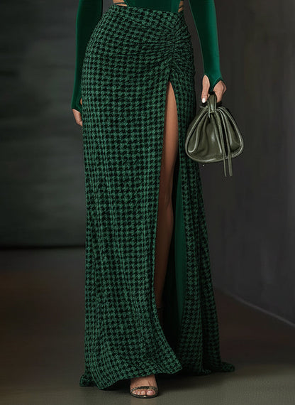 Emerald Velvet Houndstooth High Slit Maxi Dress