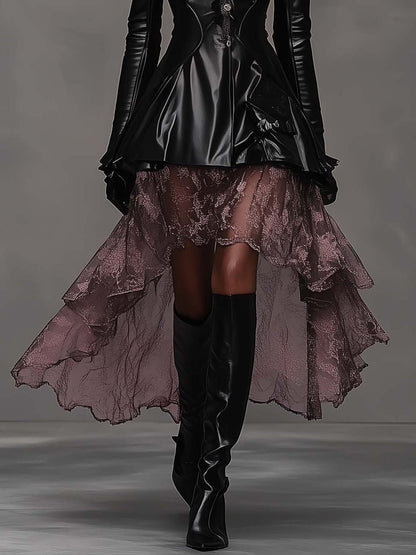 Black Collared Faux Leather Midi Dress With Pink Mesh