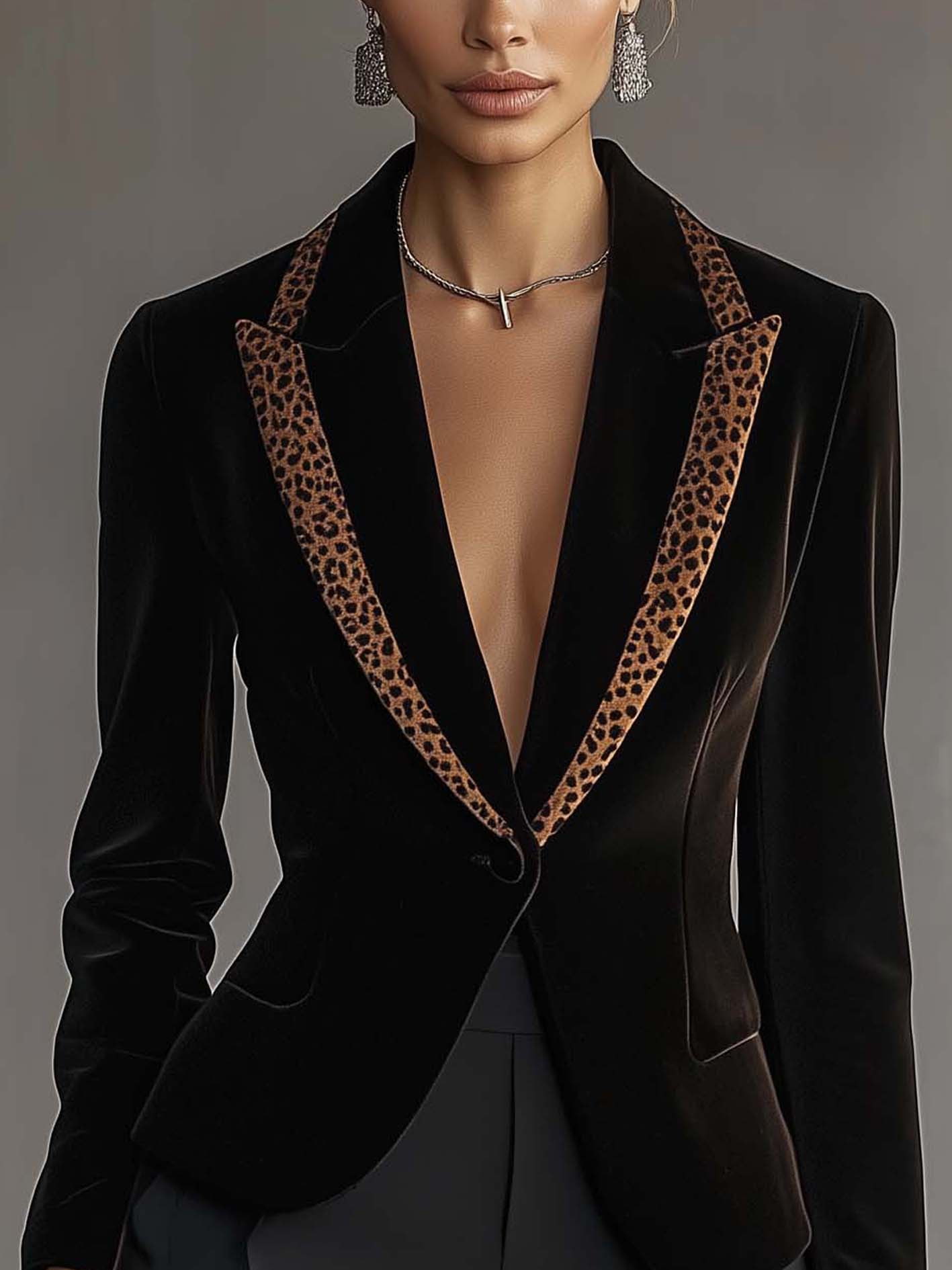 Black Velvet Blazer With Brown Leopard Print Trim