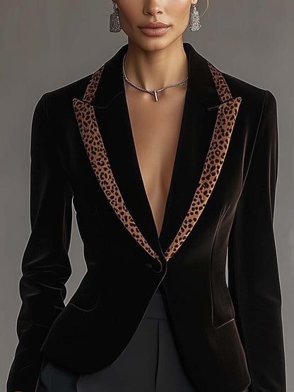 Black Velvet Blazer With Brown Leopard Print Trim
