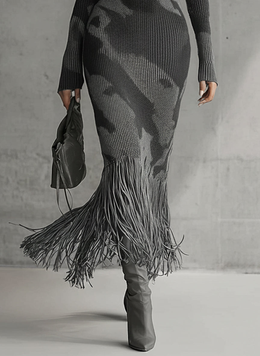 Olive Camo Knit V-Neck Fringe Hem Bodycon Dress