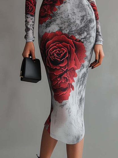 Light Gray Stretch-knit Bodycon Dress With Gradient Roses