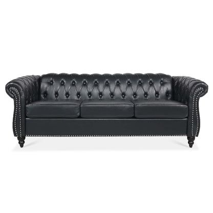 Faux Leather Rolled Arm Chesterfield Three Seater Sofa
