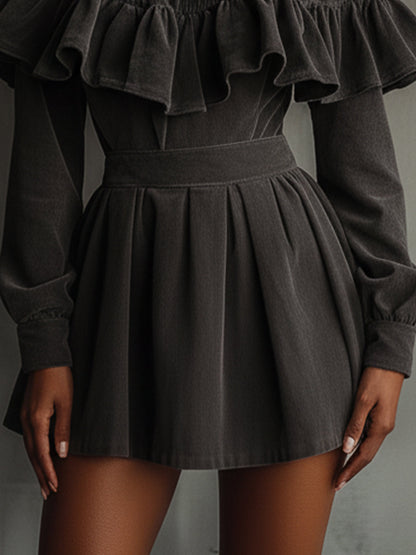 Gray High-Neck Dress With Ruffled Cape Detail