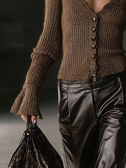 Chocolate Ribbed Knit Ruffle Trim Cardigan