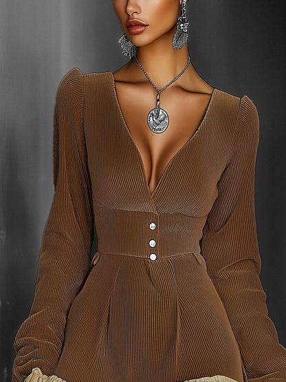 Brown Ruffled Button-Accent Mini Dress
