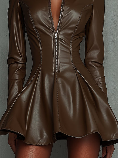 Brown Faux Leather Flare Dress