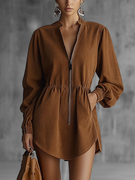 Brown Zip-Up Faux Suede Dress