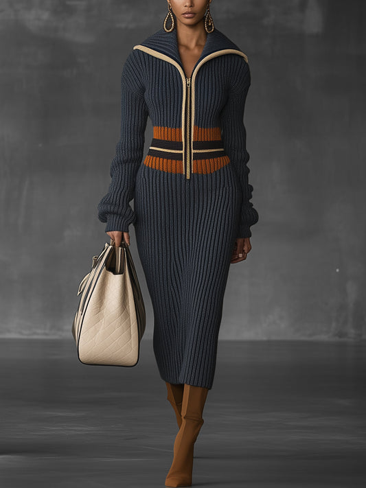 Navy Blue Chic Ribbed Knit Zipper Dress