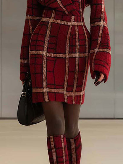 Burgundy Knit Mini Dress With Beige Check