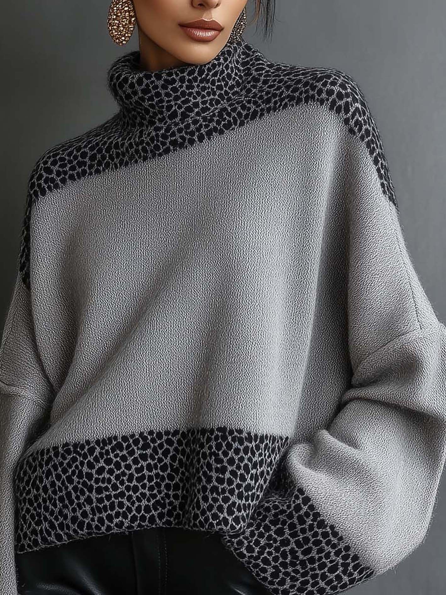 Gray Sweater With Leopard Print And High Neckline