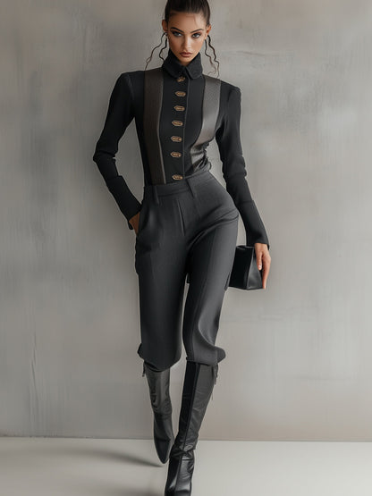 Black High-Collar Golden Button Two-Piece Set