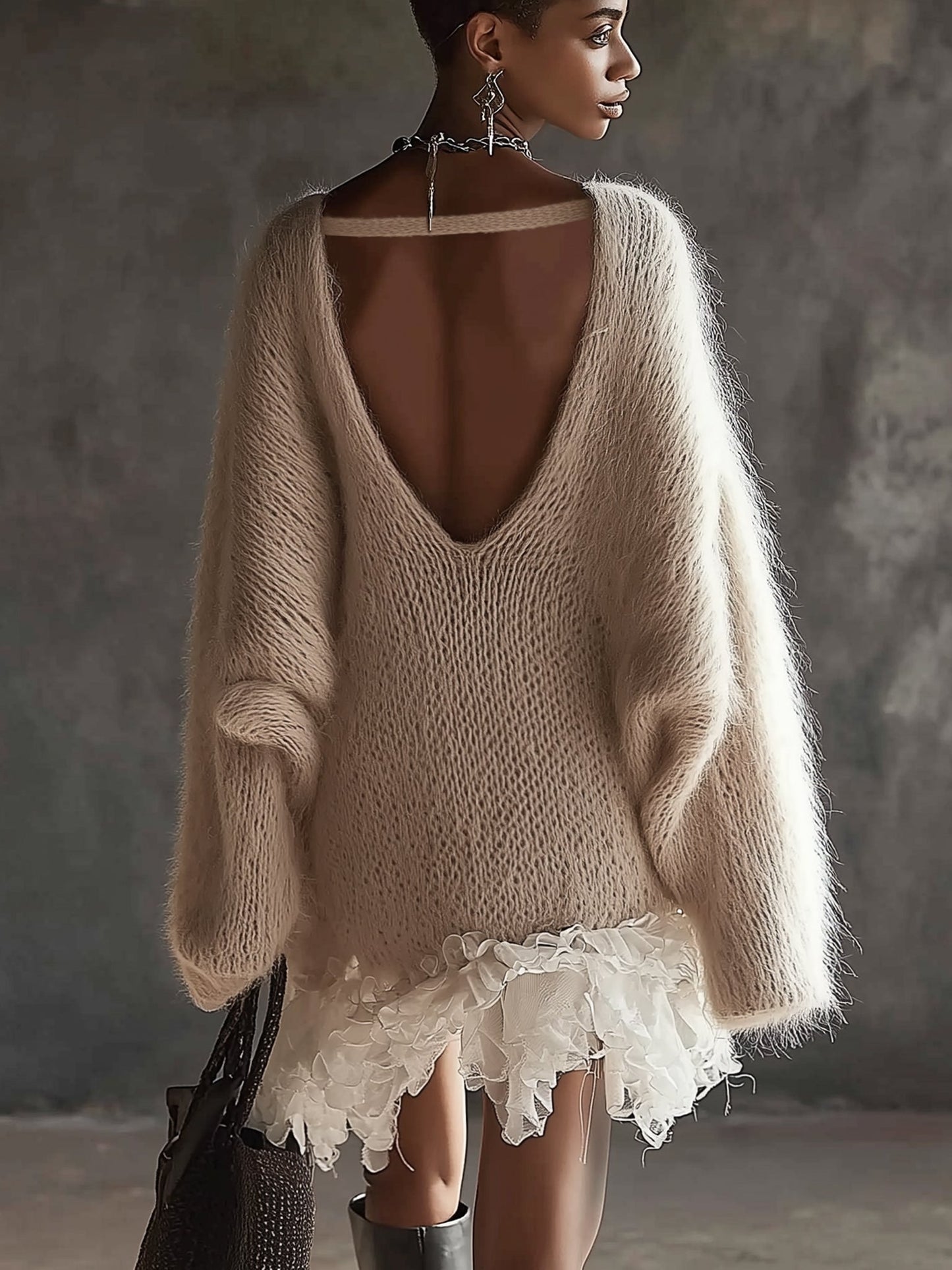 Beige Mohair Knit Open Back Mini Dress With Chiffon Ruffle Hem