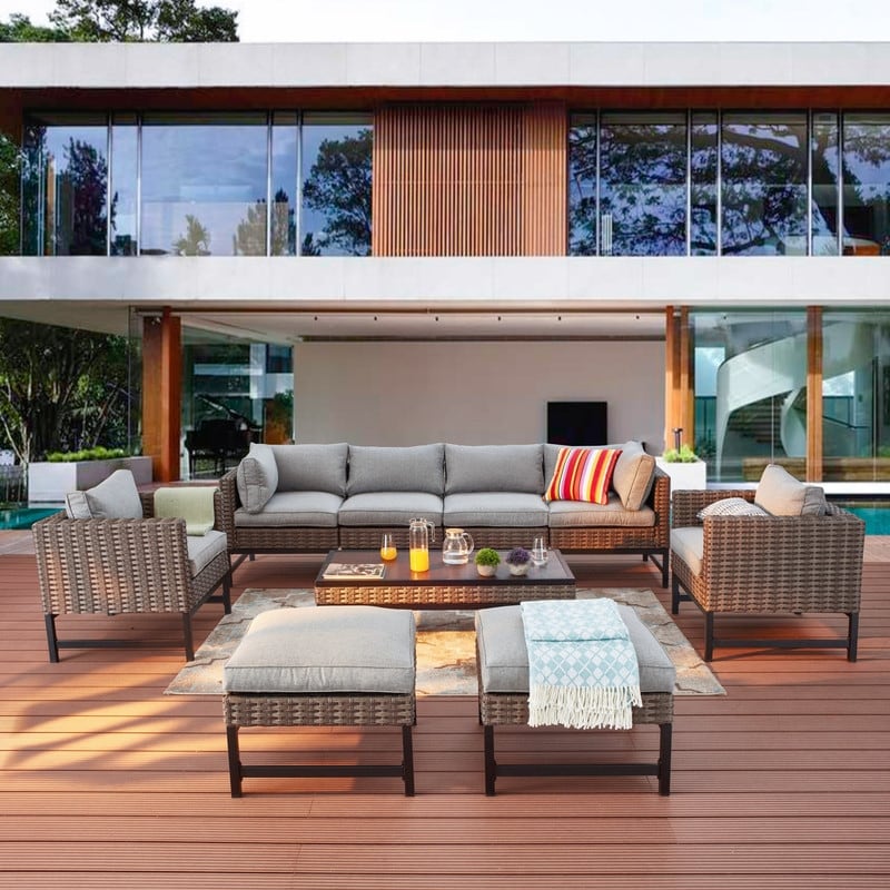 Patio Festival 9-Piece Right-Angle Wicker Outdoor Conversation Set