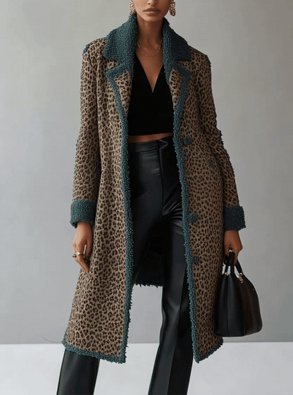 Leopard Print Knitted Cardigan With Teal Lapel Trim