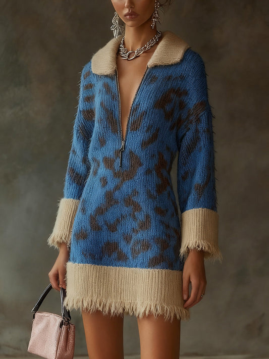 Blue Leopard Print Knit Dress With Beige Trim And Zip Neckline