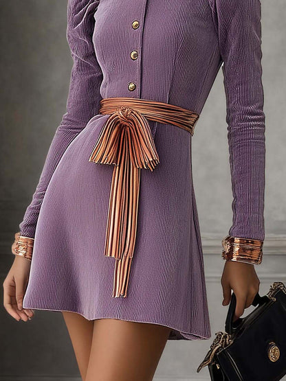Light Purple Corduroy Mini Dress With A Champagne Belt