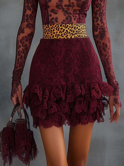 Burgundy Leopard Print Mini Dress With Lace