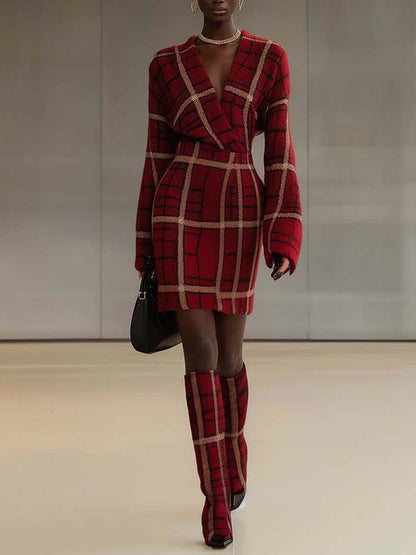 Burgundy Knit Mini Dress With Beige Check