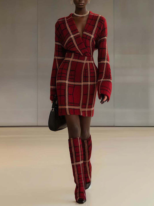 Burgundy Knit Mini Dress With Beige Check