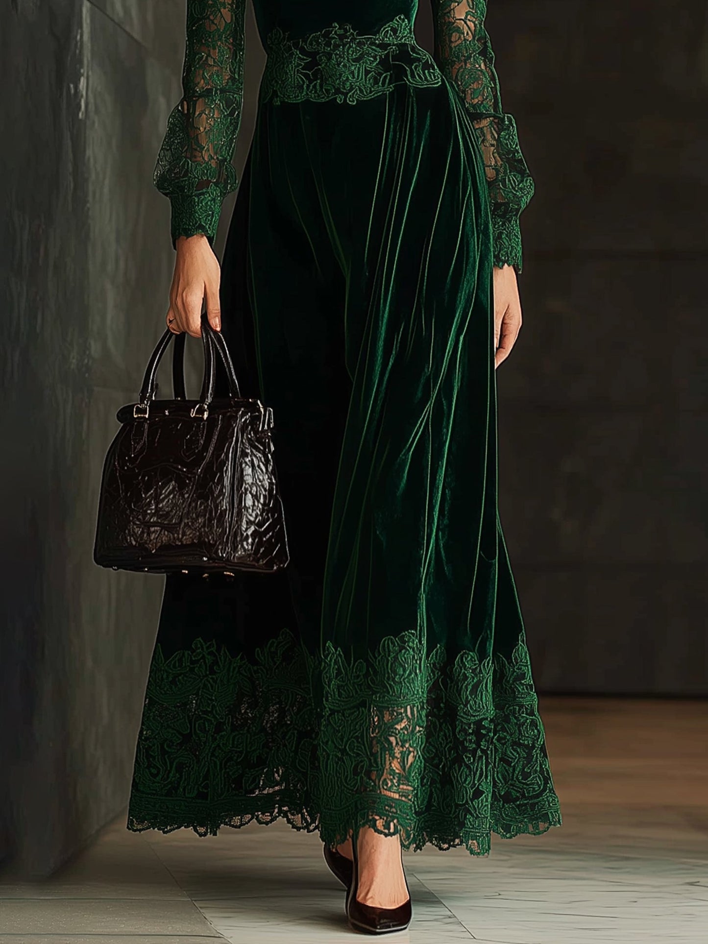 Emerald Velvet Lace Trim High Neck Long Sleeve Maxi Dress