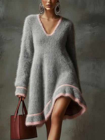 Gray Fuzzy A-Line Dress With Pink Trim And V-Neckline