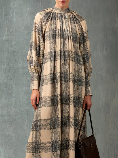 Beige Plaid Long-Sleeve Maxi Dress With High Neck