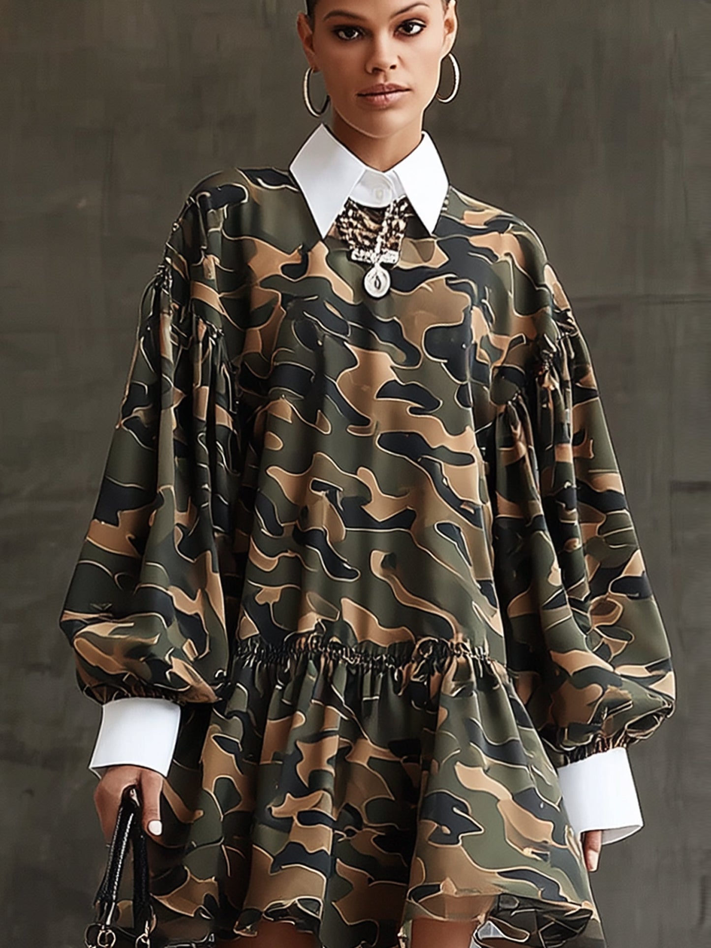 Olive Green Camouflage Puff Sleeve Ruffled Skater Dress With White Shirt Collar