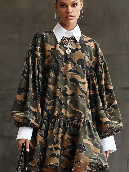 Olive Green Camouflage Puff Sleeve Ruffled Skater Dress With White Shirt Collar
