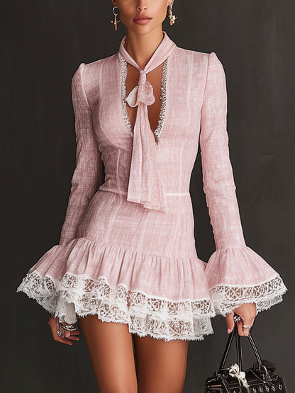 Blush Tweed Lace Trimmed Long Sleeve Mini Dress