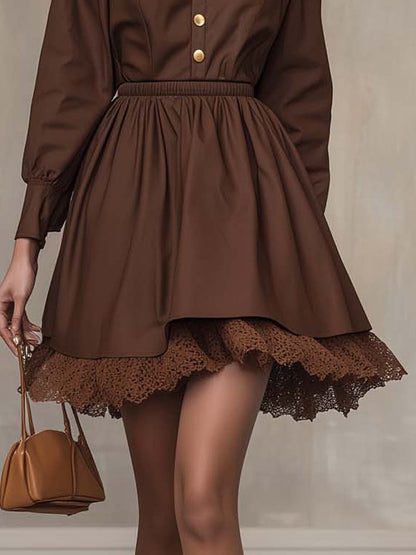 Brown Mini Trench Coat Dress With Lace And Buttons