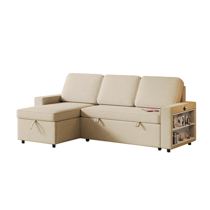 Beige 85.8'' Fabric 3-Seater L-Shaped Sleeper Sofa with Pull-Out Bed, Storage Chaise, USB Ports, and Racks