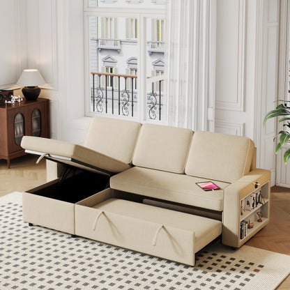 Beige 85.8'' Fabric 3-Seater L-Shaped Sleeper Sofa with Pull-Out Bed, Storage Chaise, USB Ports, and Racks