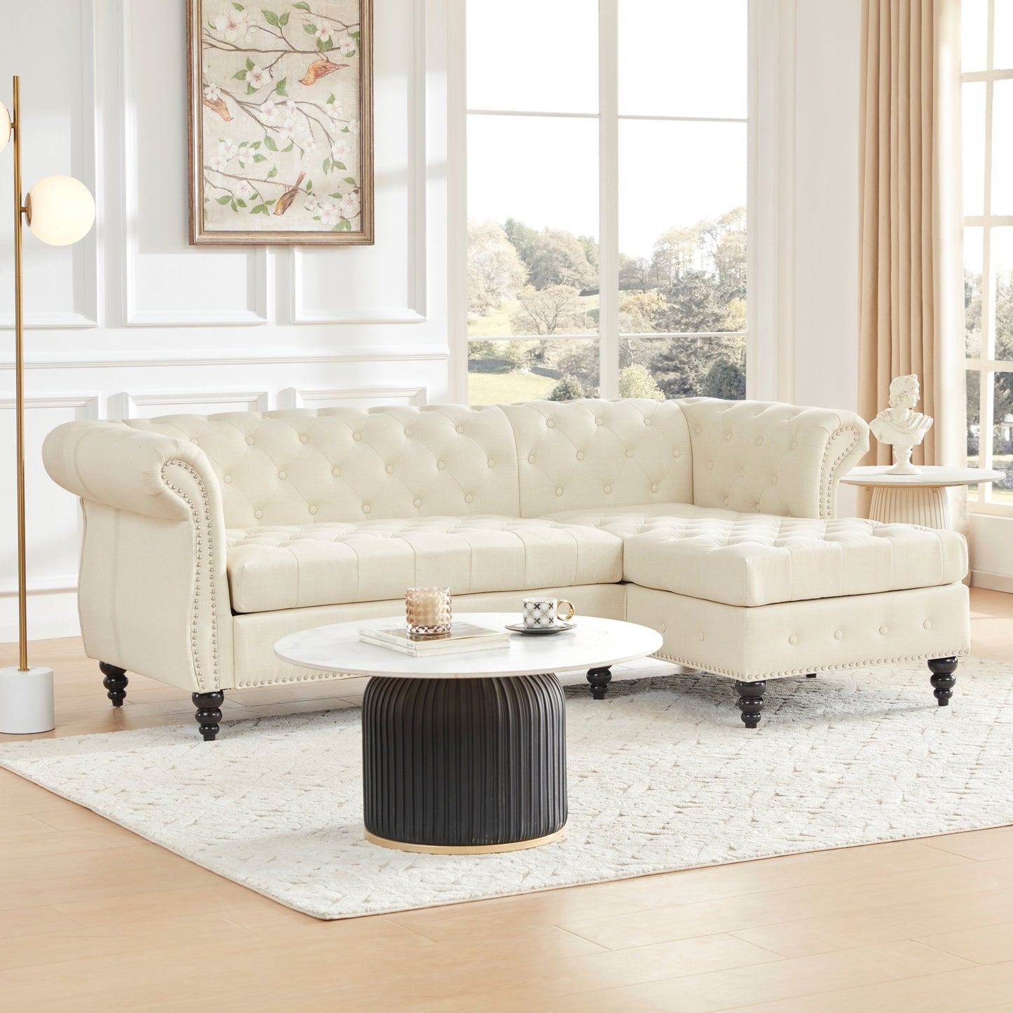 Beige 86.6'' Linen Chesterfield 3 Seater Sofa with Chaise, Rolled Arms, Nailhead Trim, and Gourd Wooden Legs