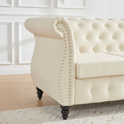 Beige 86.6'' Linen Chesterfield L-Shaped Sofa with Button Tufting, Rolled Arms, Nailhead Trim, and Wooden Gourd Legs