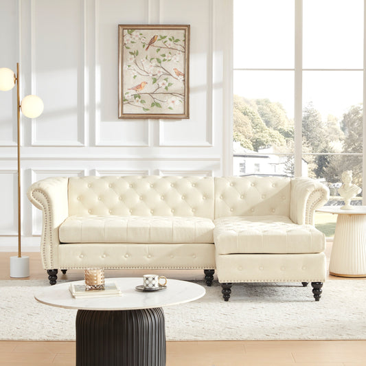 Beige 86.6'' Linen Chesterfield L-Shaped Sofa with Button Tufting, Rolled Arms, Nailhead Trim, and Wooden Gourd Legs