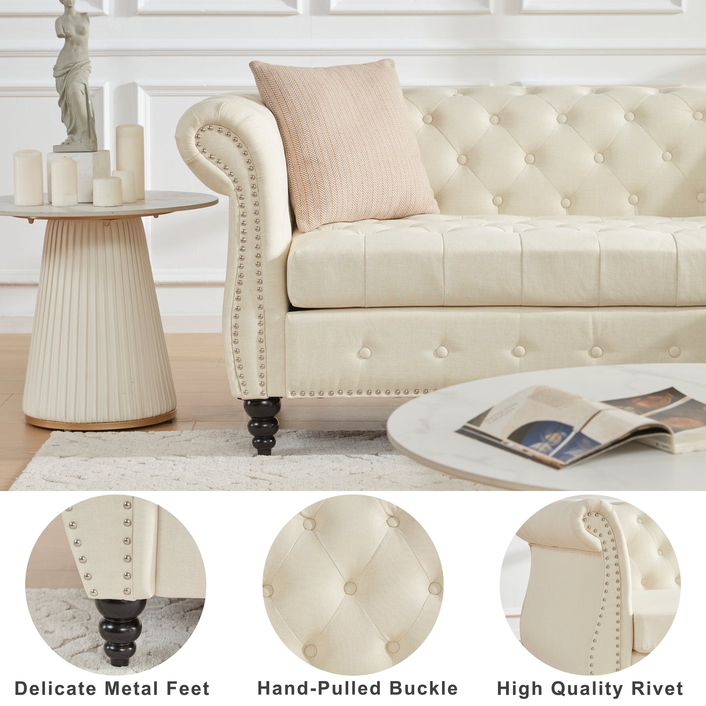 Beige 86.6'' Linen Chesterfield L-Shaped Sofa with Rolled Arms and Nailhead Trim
