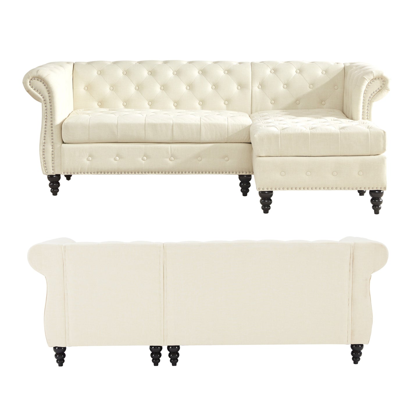 Beige 86.6'' Linen Chesterfield Sofa with Chaise and Nailhead Trim