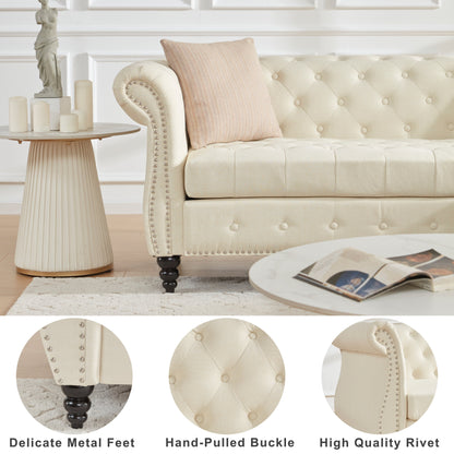 Beige 86.6'' Linen Chesterfield Sofa with Rolled Arms, Nailhead Trim, Chaise Lounge, and Gourd-Shaped Wooden Legs