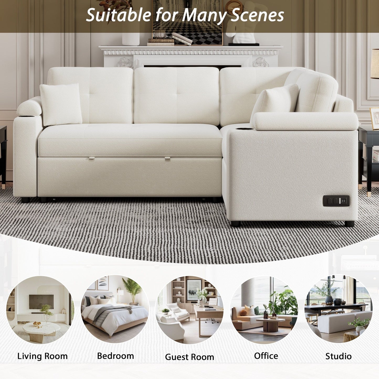 Beige 87.4'' Fabric 3 Seater Sleeper Sofa with Pull-Out Bed, Wheels, USB Ports, Power Sockets, and Built-in Cup Holders