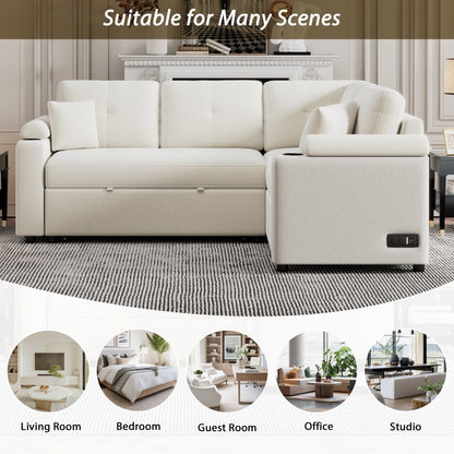 Beige 87.4'' Fabric 3 Seater Sleeper Sofa with Pull-Out Bed, Wheels, USB Ports, Power Sockets, and Built-in Cup Holders