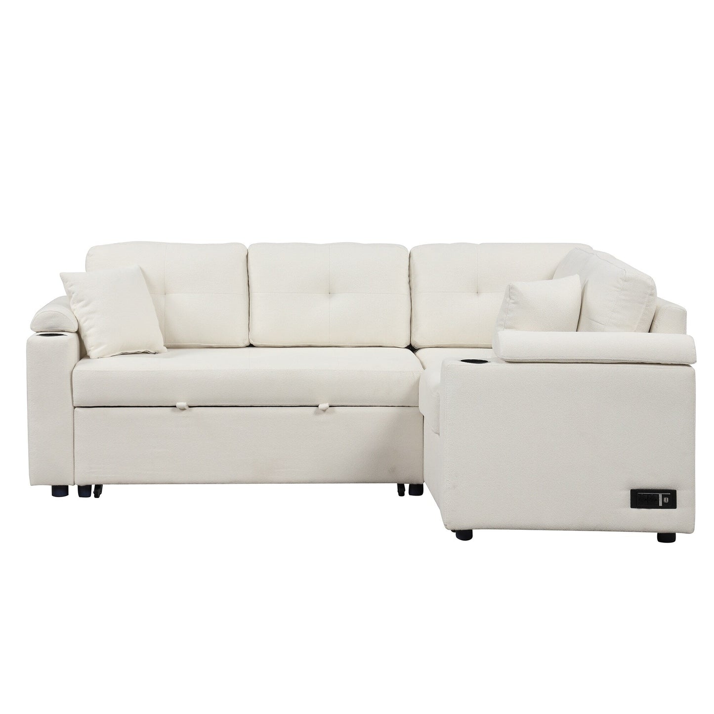 Beige 87.4'' Fabric 3 Seater Sleeper Sofa with Pull-Out Bed, Wheels, USB Ports, Power Sockets, and Built-in Cup Holders