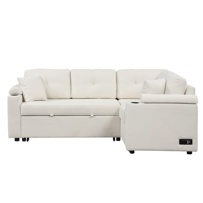 Beige 87.4'' Fabric 3 Seater Sleeper Sofa with Pull-Out Bed, Wheels, USB Ports, Power Sockets, and Built-in Cup Holders
