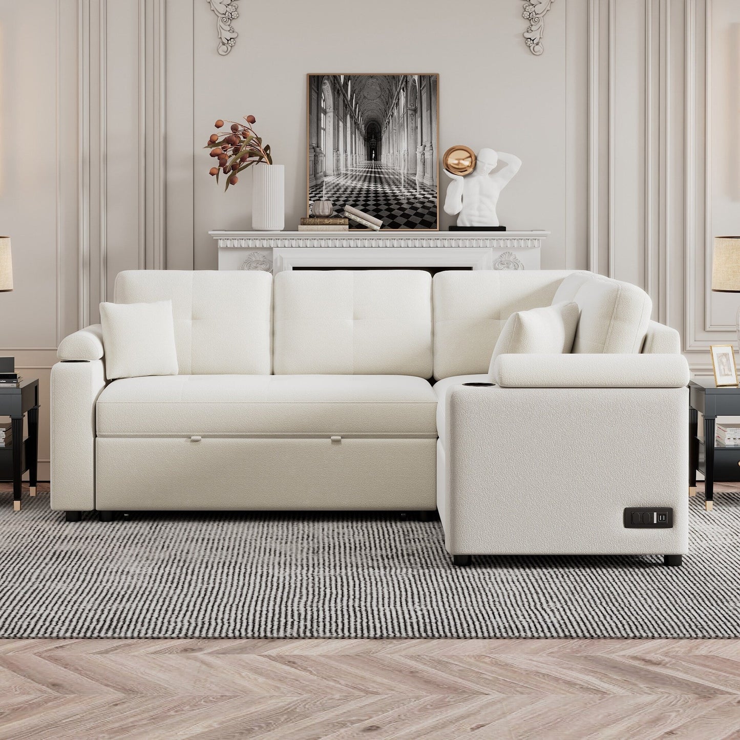 Beige 87.4'' Fabric 3 Seater Sleeper Sofa with Pull-Out Bed, Wheels, USB Ports, Power Sockets, and Built-in Cup Holders