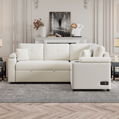 Beige 87.4'' Fabric 3 Seater Sleeper Sofa with Pull-Out Bed, Wheels, USB Ports, Power Sockets, and Built-in Cup Holders