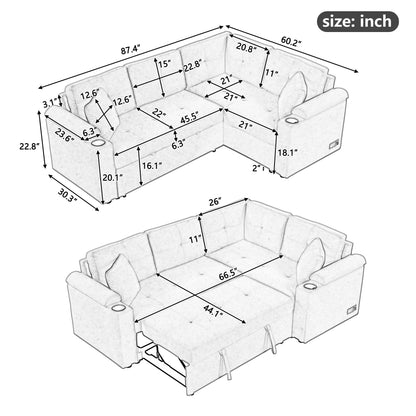 Beige 87.4'' Fabric 3 Seater Sleeper Sofa with Pull-Out Bed, Wheels, USB Ports, Power Sockets, and Built-in Cup Holders
