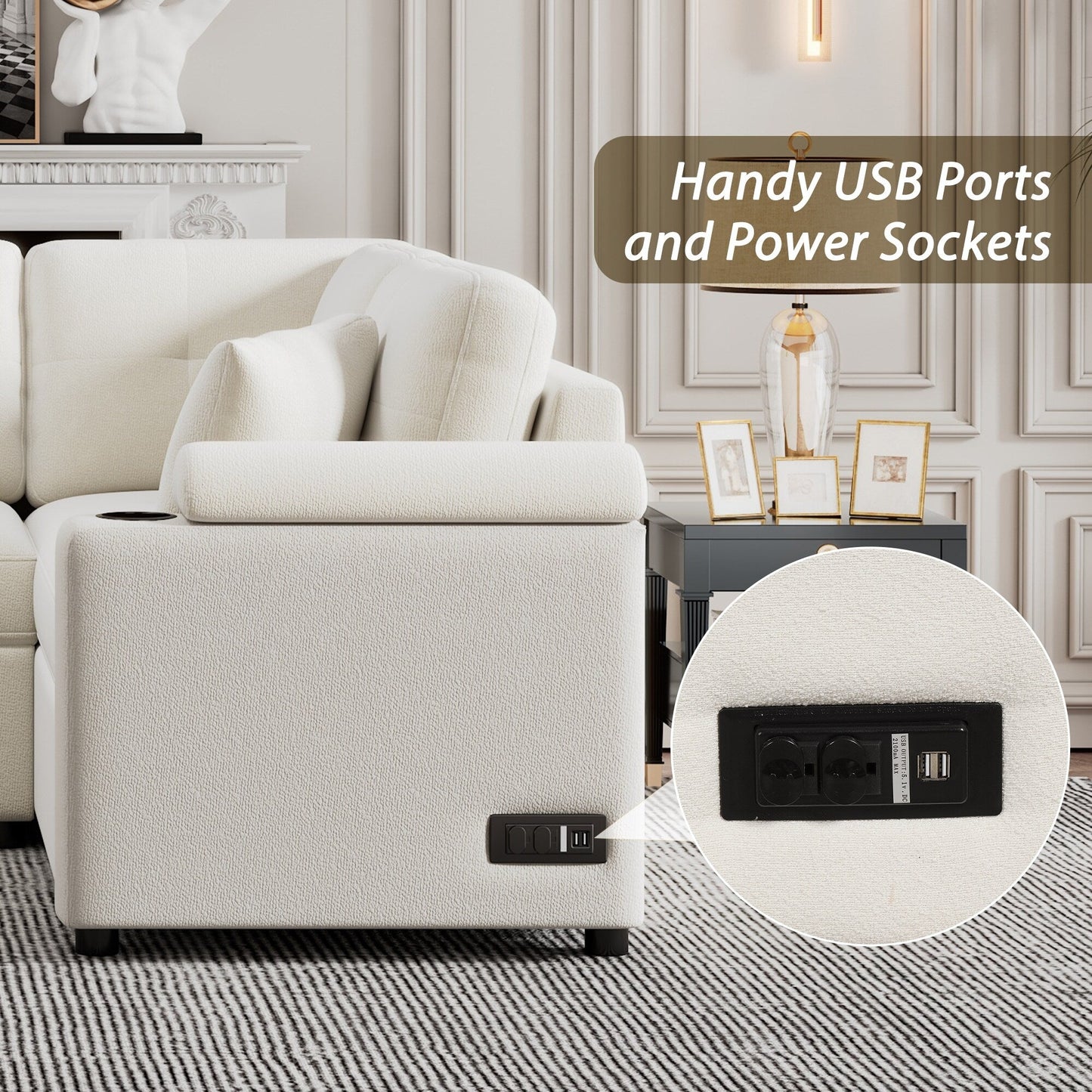 Beige 87.4'' Fabric 3 Seater Sleeper Sofa with Pull-Out Bed, Wheels, USB Ports, Power Sockets, and Built-in Cup Holders
